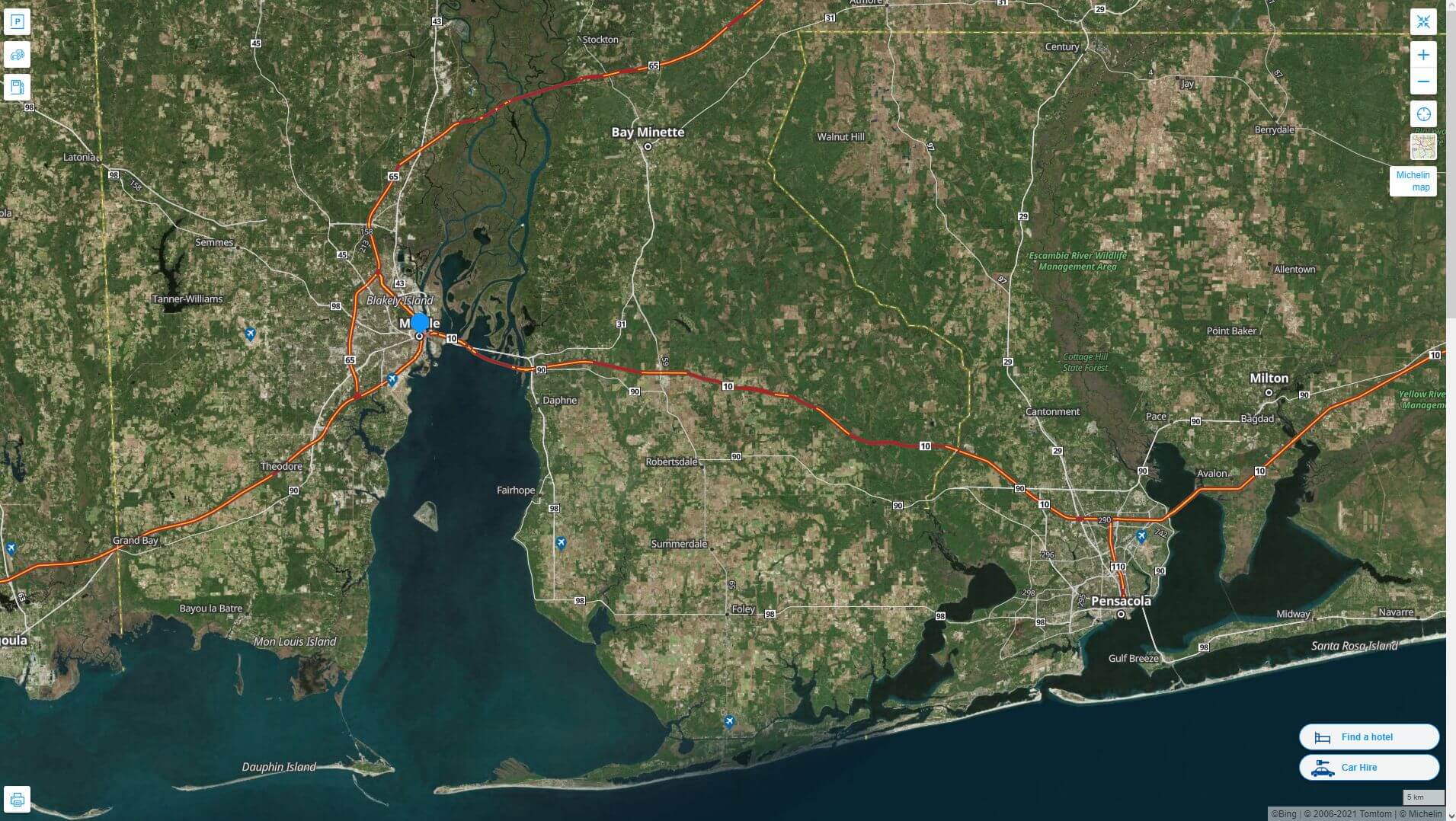 Mobile Alabama Highway and Road Map with Satellite View